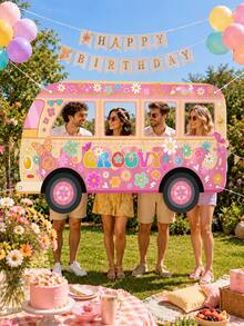 1pc-Retro Hippie Bus Photo Prop, Fun Floral-Themed Cutout Photo Frame, Suitable For Retro-Style Birthday Parties And Bohemian-Themed Events, Versatile And Reusable Party Decoration. - View 2