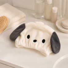 MINISO Sanrio Pochacco 毛絨洗髮帽，超吸水毛巾包裹式，返校日常沐浴必需品，舒適女性洗浴配件 - 黑與白 - 查看 3