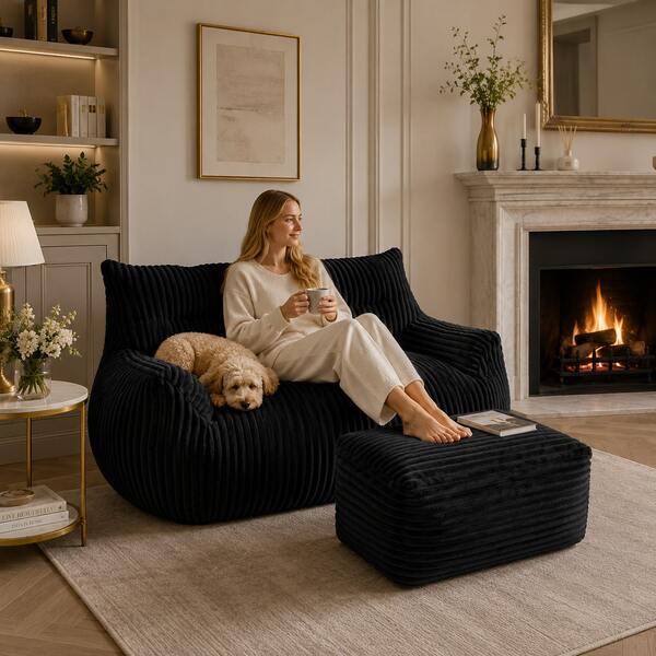 Pouf géant et moelleux 2 places avec repose-pieds, canapé garni de mousse à mémoire de forme pour adultes et enfants, idéal pour les salons, les chambres et les salles de jeux.