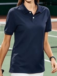 女款休閒素色翻領短袖 Polo 衫，夏季運動款 - 藏蓝色 - 查看 4