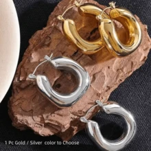 VKHK Bộ 2 chiếc bông tai vòng tròn dày bằng thép không gỉ chống nước phong cách vintage, trang sức thời trang nữ làm quà tặng - Hoa tai - Xem 7