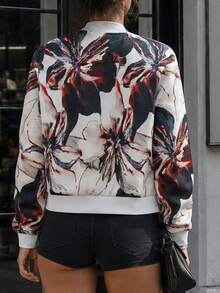 Esta chaqueta bomber para mujer presenta un estampado floral vibrante, con cierre de cremallera frontal y cuello de béisbol, creando un look elegante de otoño. Vacaciones - Multicolor - Ver 3