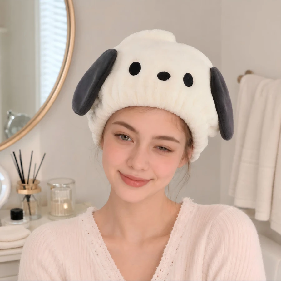 MINISO Sanrio Pochacco 毛絨洗髮帽,超吸水毛巾包裹式,返校日常沐浴必需品,舒適女性洗浴配件 - 黑與白 - 查看 1