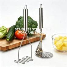 3Pcs Stainless Steel Kitchen Tool Set: Potato Masher + Multi-Functional Peeler, Manual Food Crusher For Mashed Potato, Pumpkin, Avocado & Baby Food, Easy Clean & Storage - Silver - View 2