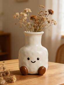 1pc Cream White Soothing Soft Cute Smiling Face Brown Feet Resin Vase, Cream White Glossy Hammered Texture Long Neck Vase, Suitable For Windowsill, Desktop, Bookshelf, Dining Table Centerpiece Decoration, Living Room Bedroom Home Decor, Can Hold Dried Flowers And Fresh Flowers - New Model - View 4