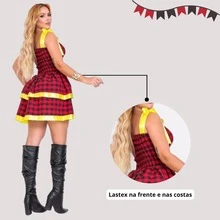 Women's Festa Junina Dress With Bow Tie, Ruffles, Sensual Layered Design, Checkered Pattern, Arraiá São João 2026 - Red With Yellow - View 3