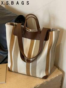Bolso de lona casual para mujer con diseño a rayas, cierre con cremallera y forro de poliéster, opciones multicolor - Blanco - Ver 1