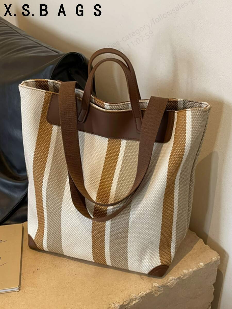Bolso de lona casual para mujer con diseño a rayas, cierre con cremallera y forro de poliéster, opciones multicolor - Blanco - Ver 1