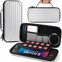 Carrying Case Compatible With Nintendo Switch 2 2025, Hard Shell Travel Pouch With Screen Protector, Thumb Grip Caps, 10 Game Card Slots And Mesh Pocket, Portable Console Storage Bag, Silver - View 2