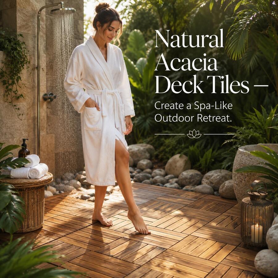 27 Pack 12x12 Inch Natural Acacia Wood Interlocking Patio Deck Tiles Snap Lock No Tool Installation Waterproof Interlock Floor Tile For Balcony Porch Poolside Backyard Outdoor DIY Flooring - 1 - View 1