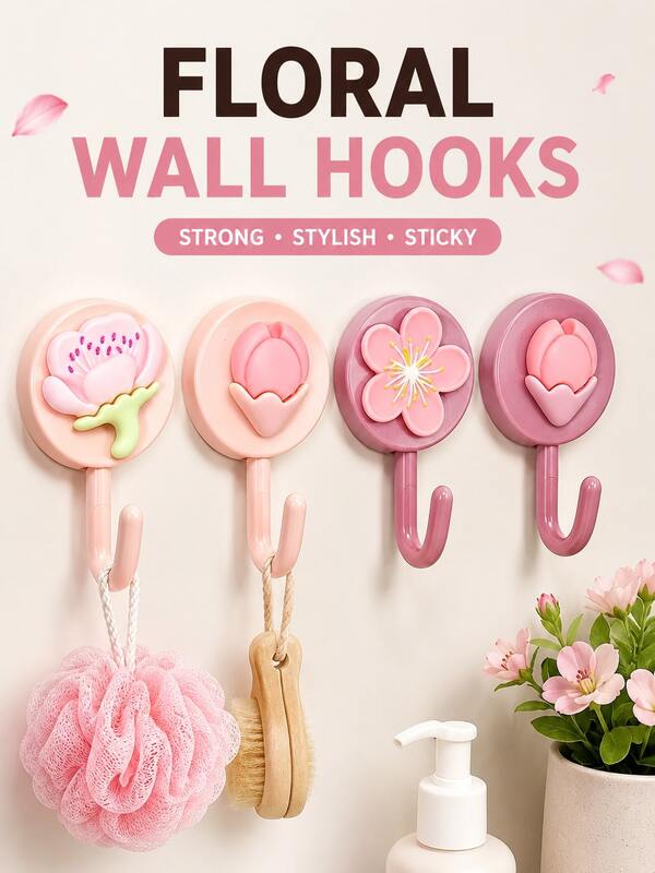 1pc Cute 3D Cherry Blossom Self Adhesive Hook, No-Drill Floral Wall Hanger With Waterproof Glue. Fits Kitchen, Bathroom And Entryway, Holds Towels, Utensils And Hair Clips, Lovely Home Decor And Nice Housewarming Gift For Girls.