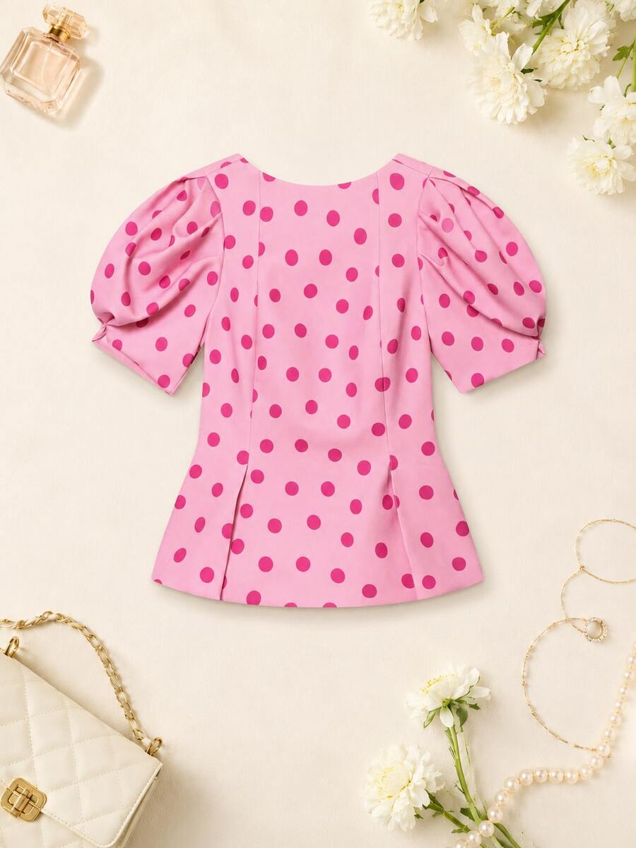 Solid Color Bubble Short Sleeve Polka Dot Top, Spring/Summer Pink, Soft Girl Style - Pink - View 1