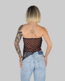 Women's Basic Translucent Tropical Floral Cropped Tube Top With Transparent Tulle, Strapless, Summer Style, Lining, Aitona - BLACK POLKA DOTS - View 3