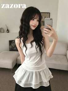 Korean Style Ruffle Hem Patchwork Camisole White Atmosphere Regular Tank Top Women's Summer Clothing Casual - White - View 1