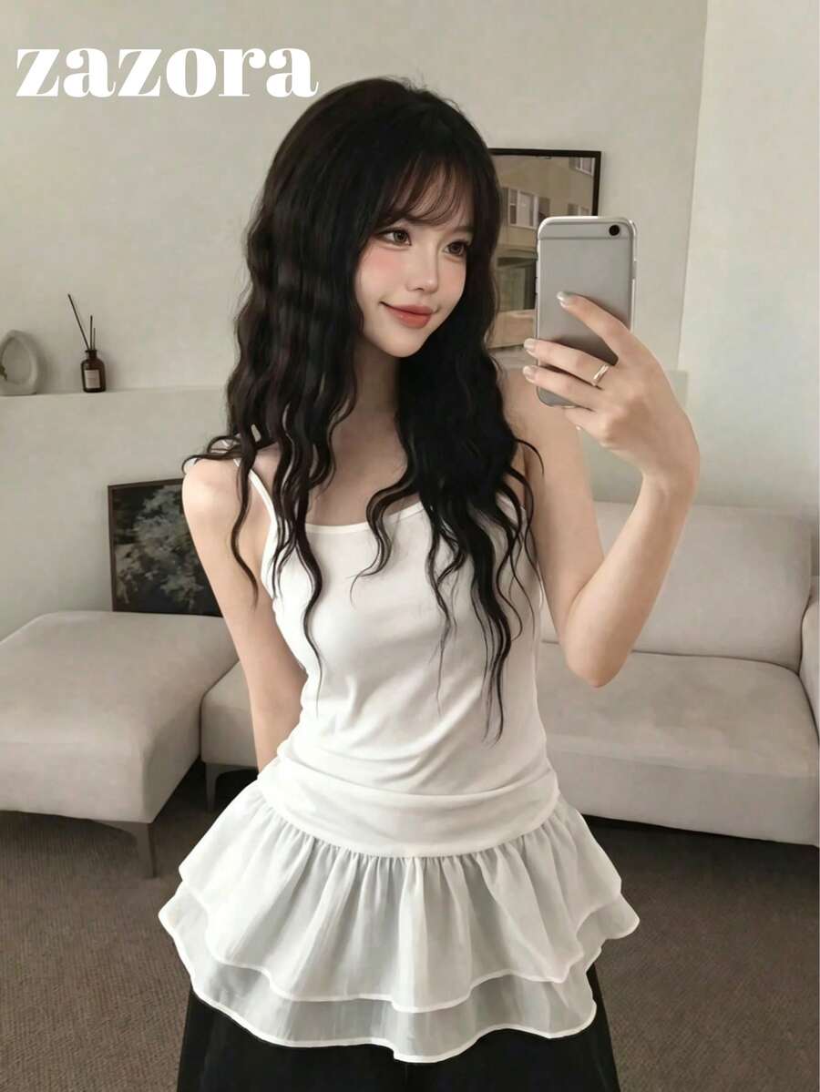 Korean Style Ruffle Hem Patchwork Camisole White Atmosphere Regular Tank Top Women's Summer Clothing Casual - White - View 1