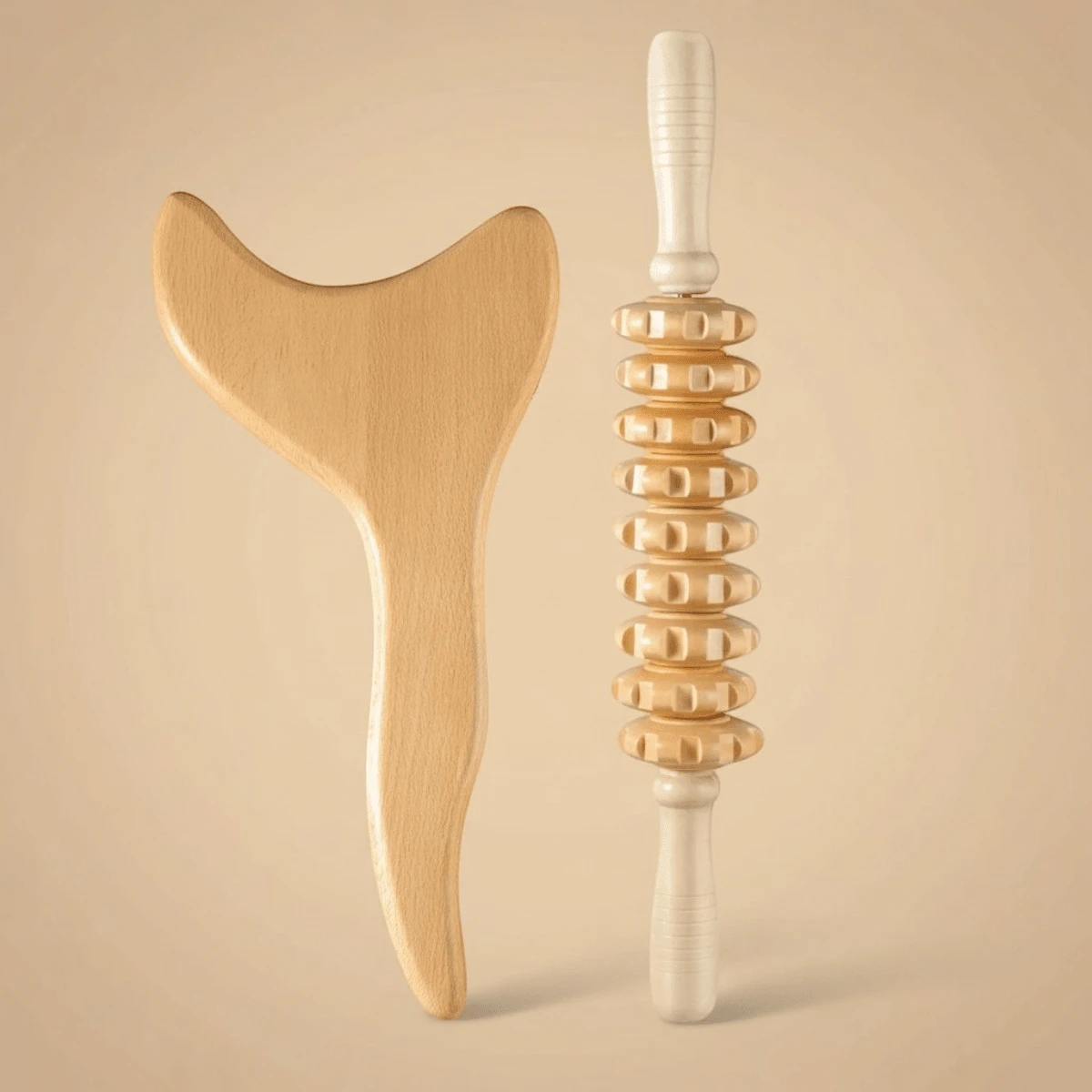 SilvaLex 木製身體按摩工具,淋巴排毒塑形工具,針對抗纖維化、臉部、背部、腿部身體塑形,適用於女性 - 杏色 - 查看 1