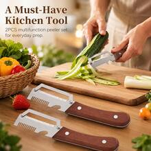 Two Pieces Heavy-Duty Stainless Steel Peeler And Slicer Set, With Wooden Handles And Straight Blade Design. Suitable For Sugarcane, Fruits, And Vegetables. A Versatile And Durable Peeling Tool And Vegetable Slicer, Ideal For Parties And Picnics. - Multicolor - View 10