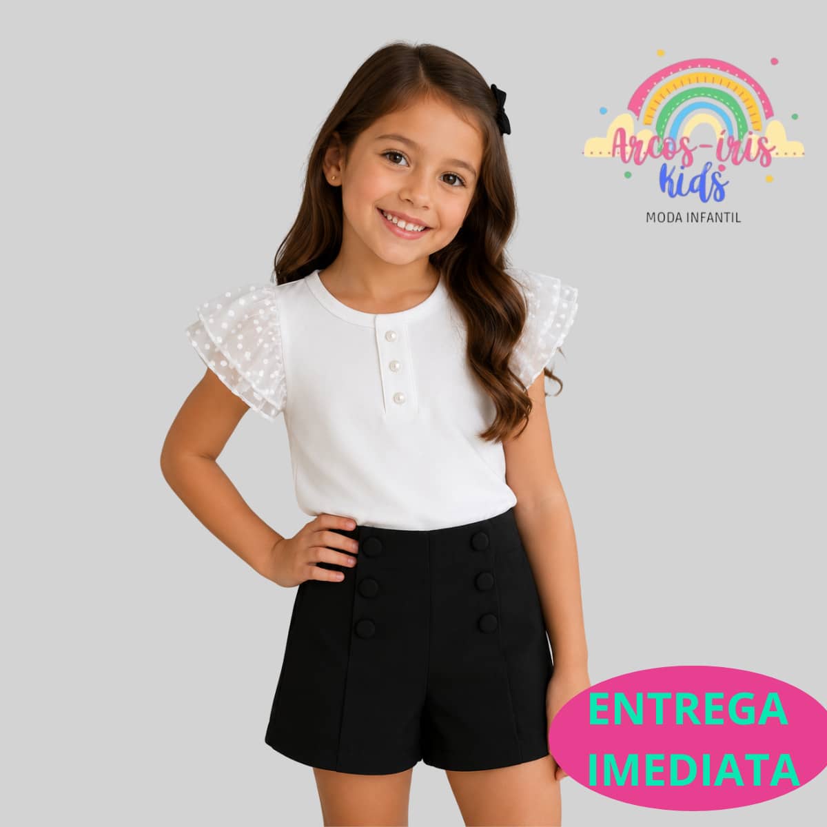 Girls' Tailored High-Waisted Shorts With Decorative Buttons - Elegant, Casual, Comfortable - Girls' Fashion - 黑色 - 查看 1
