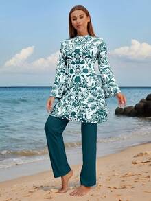 Muslim Style Floral Print Burkini, Long Bell Sleeve Top With Leggings, Elegant Full Coverage Swimwear For Vacation - Multicolor - View 4