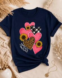 Women's Graphic T-Shirt With Hearts, Sunflowers, Leopard Print And Checks, 100% Breathable Cotton, Short Sleeves, Round Neck, Comfortable For Summer And Everyday Wear - 藍色 - 查看 3