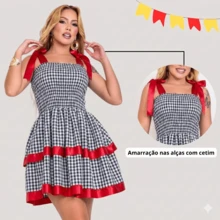 Women's Festa Junina Dress With Bow Tie, Ruffles, Sensual Layered Design, Checkered Pattern, Arraiá São João 2026 - Đen trắng với màu đỏ - Xem 4