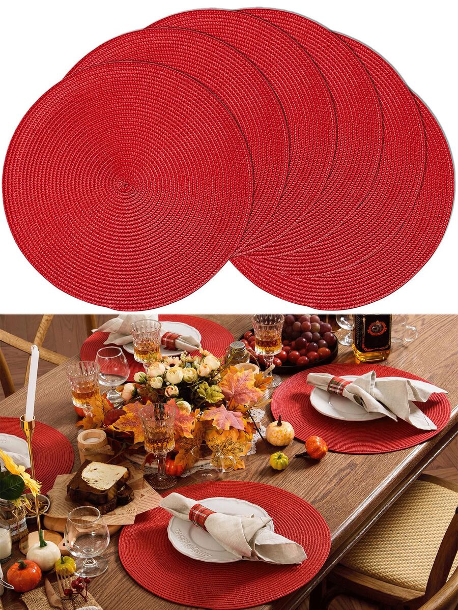 30/38cm紅色塑膠手工編織餐墊、12cm杯墊、圓形編織餐墊、裝飾餐墊、多色可選、桌墊、防皺餐墊，適合生日、聖誕節、萬聖節