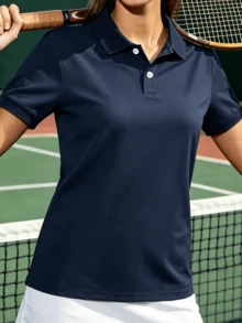 女款休閒素色翻領短袖 Polo 衫，夏季運動款 - 藏蓝色 - 查看 3