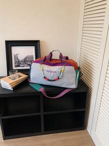 New Colorblock Fabric Travel Bag, Fashionable Patchwork Design Eye-Catching And Versatile, Lightweight Durable And Energetic. Large Capacity Space Can Easily Store Clothes, Shoes, Toiletries, Sports Equipment And Other Personal Items, Supports Hand-Carry, Shoulder, Crossbody Multiple Carrying Methods. Suitable For Fitness Sports, Short Trips, Weekend Outings, Business Trips, Campus Commuting And Other Multiple Scenarios. - Multicolor - View 11