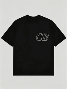 Men's Black Oversized T-Shirt, Casual Short Sleeve With Minimalist CB Outline Print Crew Neck Streetwear Top For Daily Wear - 黑色 - 查看 17