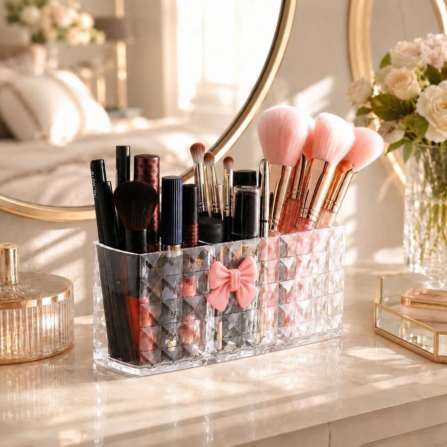 1pc Giá đựng cọ trang điểm 3 ngăn họa tiết kim cương, acrylic trong suốt để bàn, kệ đựng son môi, bút kẻ mày, gương chăm sóc da, tủ đựng mỹ phẩm