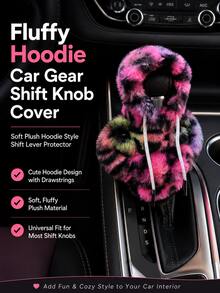 Plush Hooded Car Gear Shift Cover, Soft Fluffy Gear Lever Protector, Cute Tie-Dye Car Interior Decor Accessory, Suitable For Most Car Models - Gear Shift Cover - View 2