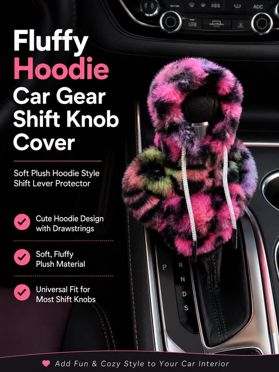Plush Hooded Car Gear Shift Cover, Soft Fluffy Gear Lever Protector, Cute Tie-Dye Car Interior Decor Accessory, Suitable For Most Car Models