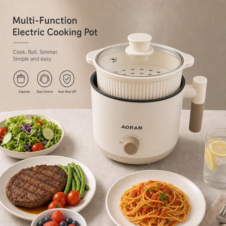AORAN Multifunction Mini Electric Cooker With Steamer, Portable Nonstick Hot Pot With Glass Lid, Fast Heating Dual Temp Control, Small Personal Cooking Pot For Ramen, Soup, Eggs & Breakfast, Compact Kitchen Appliance For Dorm, - US A Type Plug(110-127V) - View 1