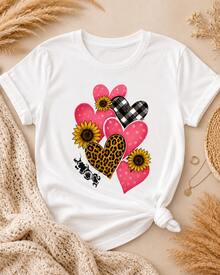 Women's Graphic T-Shirt With Hearts, Sunflowers, Leopard Print And Checks, 100% Breathable Cotton, Short Sleeves, Round Neck, Comfortable For Summer And Everyday Wear - 白色 - 查看 3