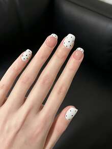 10Pcs Handmade Press On Nails Short Square, Nude & White False Nails With Black Polka Dot & French Tip Design, Reusable Glossy Fake Nails For Women - Multicolor - View 2