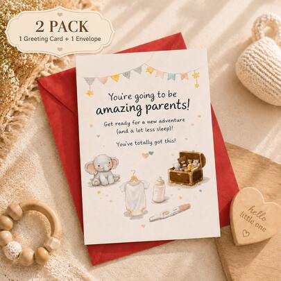 2pcs/Set New Parents Congratulations Greeting Card Set With Envelopes, Cute Elephant Baby Shower Card, Pregnancy Congratulations Card, Blank Inside, Baby Shower Gift, Party Favor, New Baby Blessing Card For Mom Dad To Be, Friends & Family