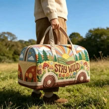 1件波希米亞復士印花旅行袋，自然風景圖案與「STAY WILD」標語，大容量手提設計，適合短途旅行、健身房或衣物收納袋 - 彩色 - 查看 2