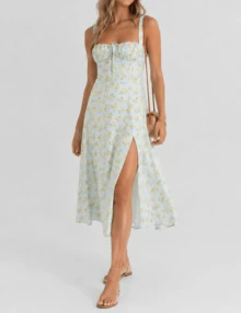 Sexy Women Midi Dress, Corset Bustier Spaghetti Strap Summer Dress With Slit, Floral/Plain Sundress For Vacation Beach Outfit, Party, & Casual Wear - 藍色 - 查看 5