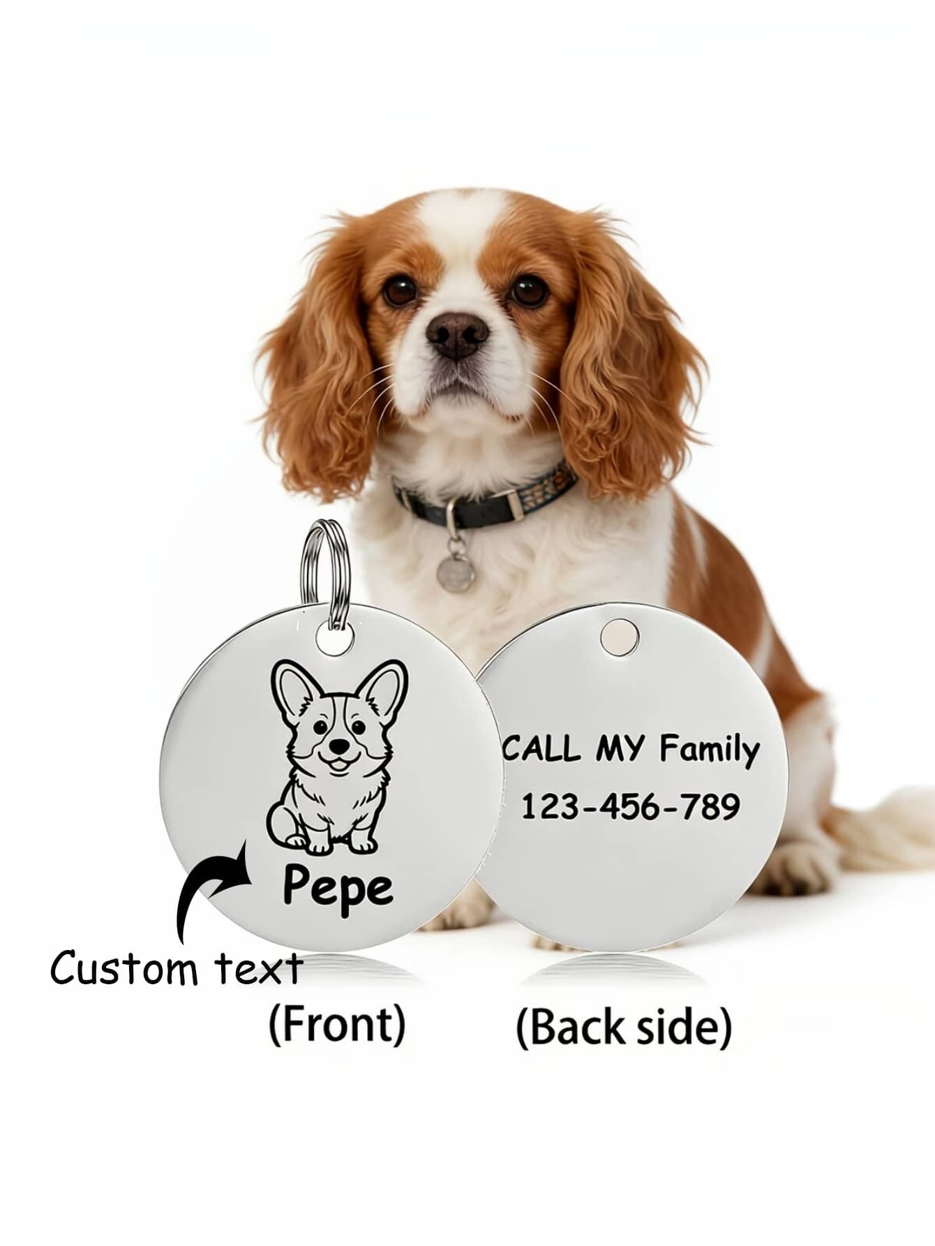 1 pieza Placa de identificación personalizada para mascotas, información personalizada de doble cara, nombre de mascota e información de identidad grabables, anti-pérdida efectiva, placa de mascota de metal de acero inoxidable duradera y sin decoloración, adecuada como regalo personalizado de cumpleaños o aniversario para mascotas - Plateado - Ver 1