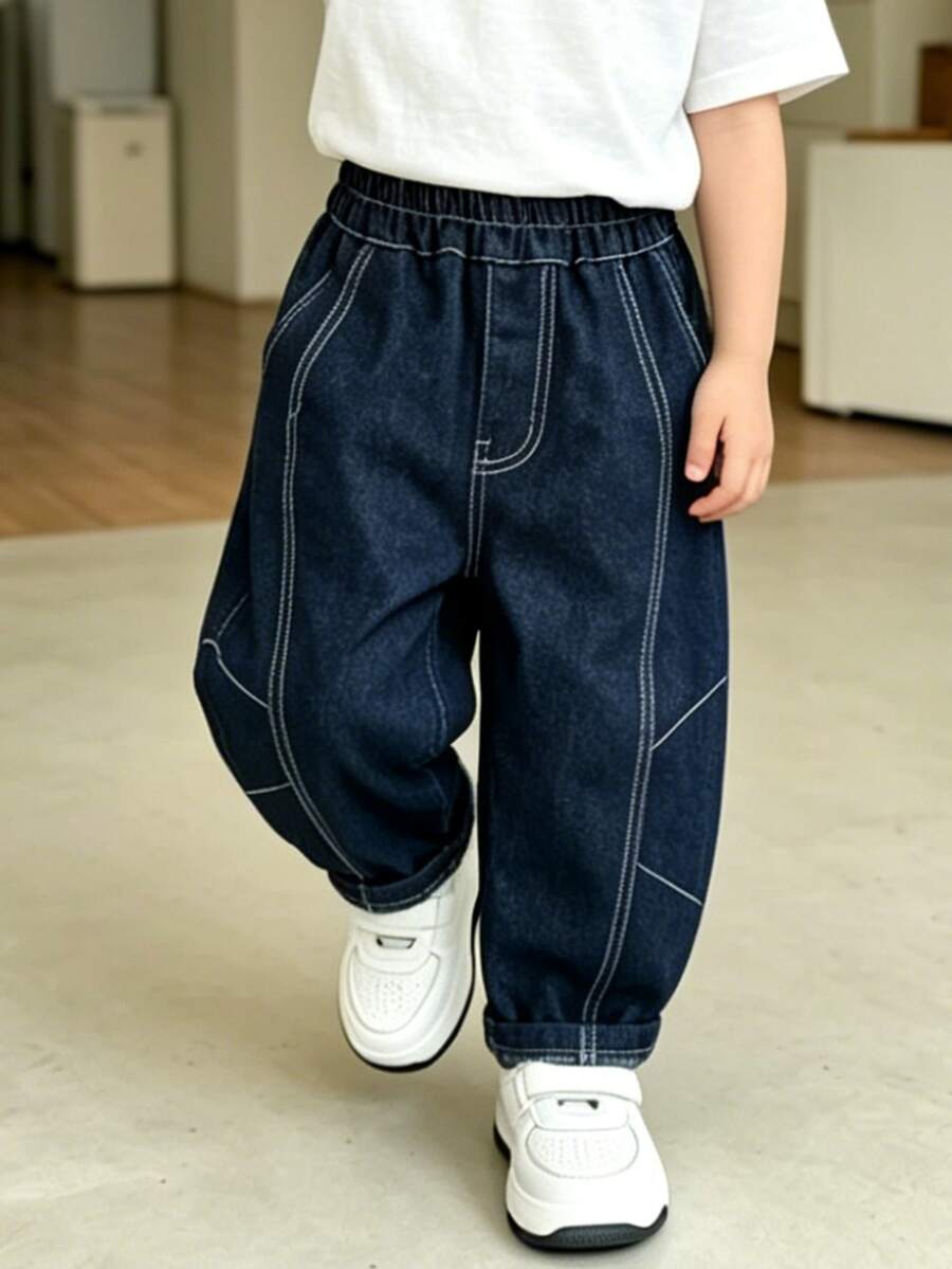 Boys' Toddler All-Season Solid Color Straight Leg Denim Jeans, Suitable For Daily, Home And Outdoor Wear - Navy Blue - View 1