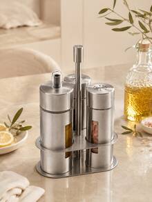 3/4Pcs Stainless Steel Kitchen Condiment Container Set, Oil Dispenser And Seasoning Jars With Holder For Home, Restaurant And Dining Table - Silver - View 6