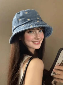 1pc Women's Light Blue Daisy Print Denim Bucket Hat - Gem Black - View 5