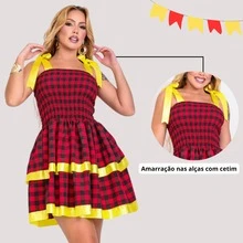 Women's Festa Junina Dress With Bow Tie, Ruffles, Sensual Layered Design, Checkered Pattern, Arraiá São João 2026 - Red With Yellow - View 2