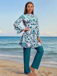 Muslim Style Floral Print Burkini, Long Bell Sleeve Top With Leggings, Elegant Full Coverage Swimwear For Vacation - Multicolor - View 3