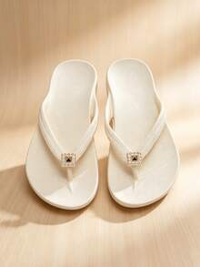 Unisex Flip Flops With Arch Support, Solid Color Beach/Home Slippers, Suitable For Spring, Summer, Autumn - White - Shoe Flower Style 1 - View 7