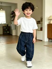 Boys' Toddler All-Season Solid Color Straight Leg Denim Jeans, Suitable For Daily, Home And Outdoor Wear - Navy Blue - View 3
