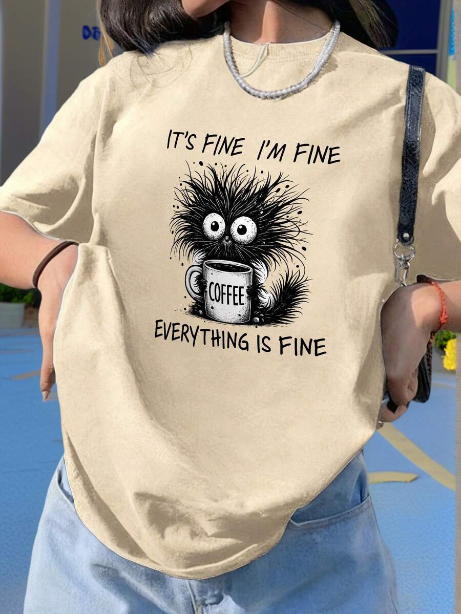 Short-Sleeved T-Shirt With A Round Neck, Relaxed Fit, Slogan Print, Simple And Modern Style For Women, Ideal For Summer, Holidays And Everyday Wear. Women's T-Shirt. - 杏色 - 查看 1