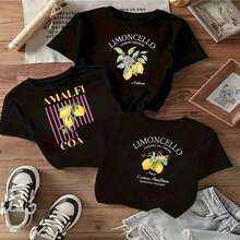 3Pcs Limoncello Lemon Liqueur Print T-Shirt With Fashion Design Cute Fruit Pattern Summer Casual Wear Perfect Gift For Women And Girls Fresh Style Trendy Outfit Choice For Daily Wear - Negro - Ver 12