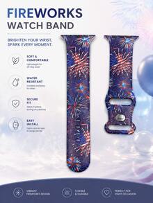 1條星空紅藍白煙花圖案矽膠錶帶，男女通用，適用於Apple Watch 38mm 40mm 41mm 42mm 44mm 45mm 49mm，相容 Series Ultra/S11/S10/SE/8/7/6/5/4/3/2/1，適合美國日節日慶祝禮物錶帶配件，時尚休閒運動款柔軟舒適替換錶帶 - 彩色 - 查看 2