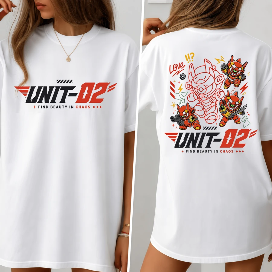 Unisex EVA Unit 02 Chibi Cartoon T-Shirt, Double Print Anime Shirt Unisex - White - View 1